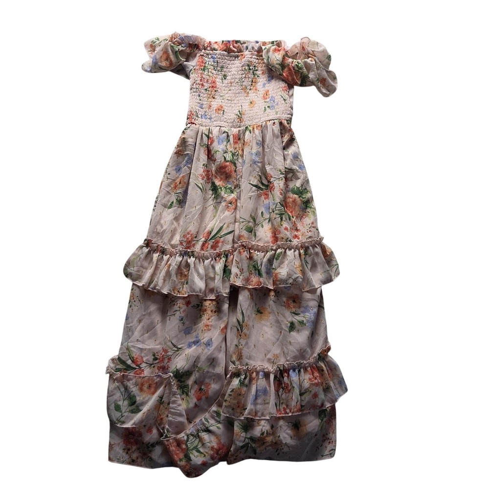 Rare Editions Dress Girls 7/8 Pink Floral Off Shoulder Smocked Ruffle Maxi Party